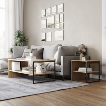 (Oak) 100cm Steel Frame Wooden Coffee Table & 2pc 40cm Sofa Side End Table