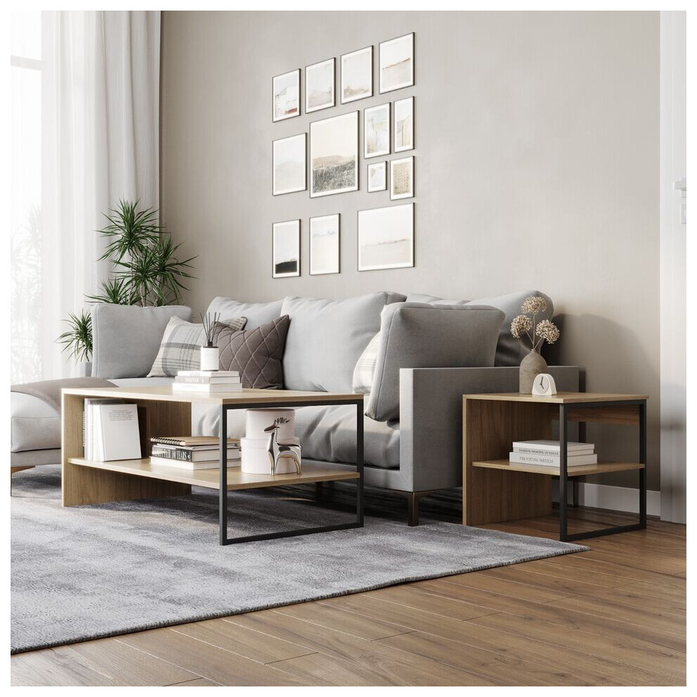 Urbn Living (Oak) 100Cm Steel Frame Wooden Coffee Table & 2Pc 40Cm Sofa Side End Table