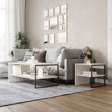 (White) 100cm Steel Frame Wooden Coffee Table & 2pc 40cm Sofa Side End Table