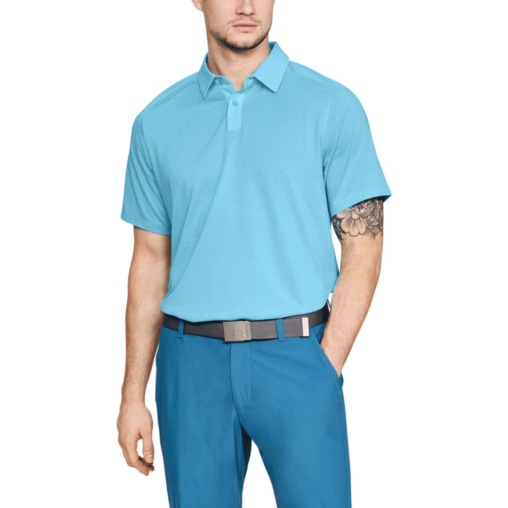 (S, Venetian Blue Heather) Under Armour Mens Threadborne Tour Short Sleeve Golf Polo Shirt