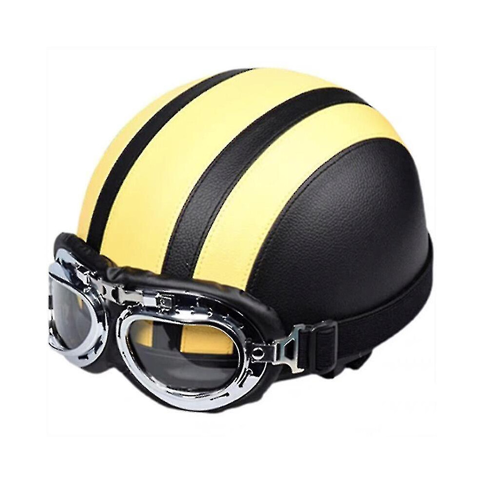 (Yellow) Retro Motorcycle Leather Half Helmet With Goggles Yellow 9158807043742