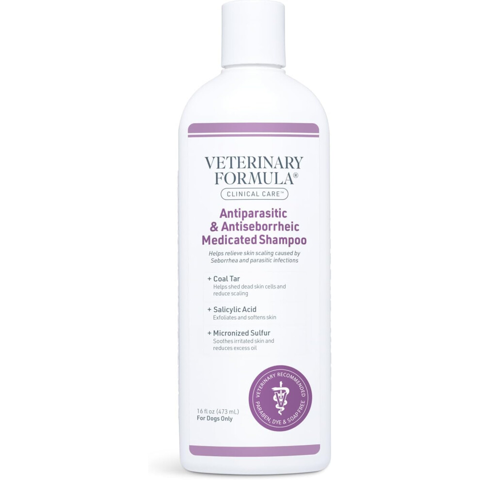 Veterinary Formula Clinical Care Antiparasitic & Antiseborrheic Medicated Dog Shampoo, 16 oz ? Paraben, Dye, Soap Free ? Hydrating and Antifungal
