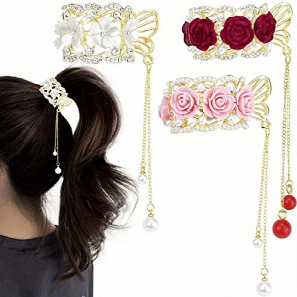 3pcs Flower Rhinestone Fish Shape Hair Clip With Faux Pearl Pendant Vintage Ponytail Holder Hair Accessories Jewelry-image-OPC-PC2GVV2-NEW