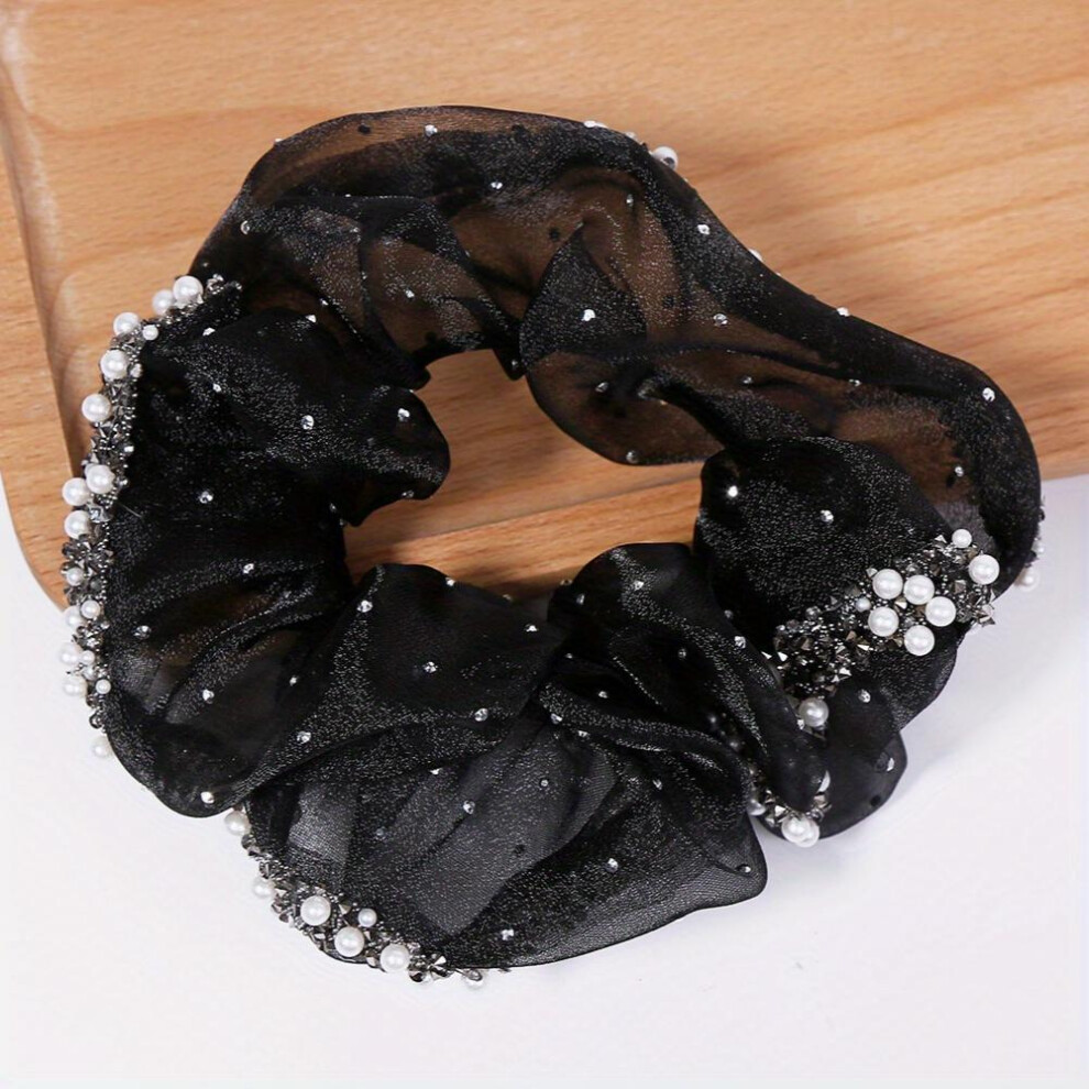 Faux Pearl Crystal Organza Hair Tie Large Scrunchie Ponytail Holder Hair Accessories For Women-image-OPC-PC2GZHW-NEW