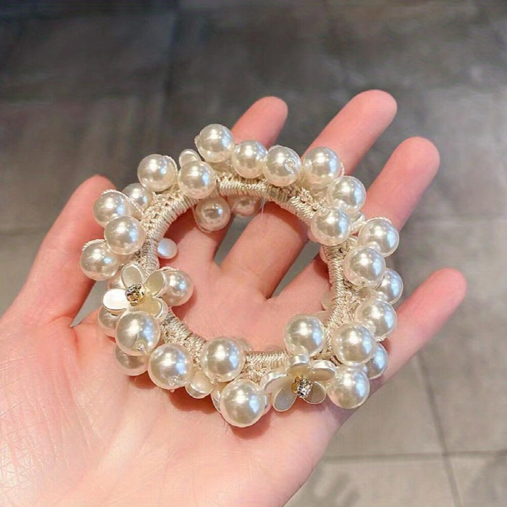 Faux Pearl Beaded Hair Tie Floral Hair Rope Ponytail Hair Ring Accessory For Girls-image-OPC-PC2H2T6-NEW