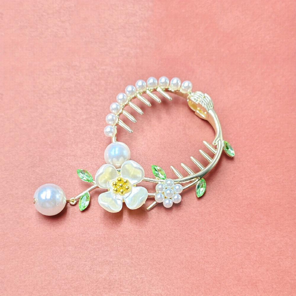 1pc Womens Ancient Style Lily Of The Valley Hair Clip Banana Clip Faux Pearl Tassel Back Head Alloy Ponytail Clip Hair Accessories-image-OPC-PC2H2NY-NEW