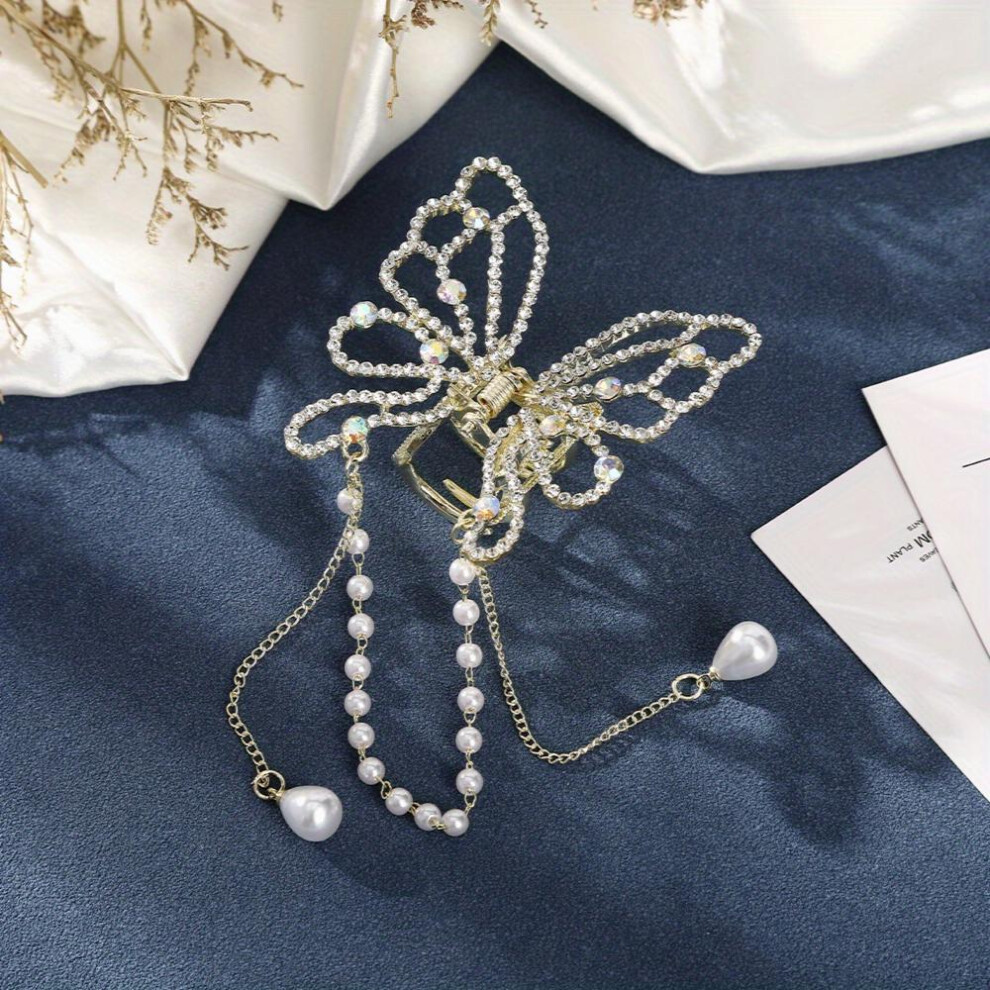 Faux Pearl Tassel Butterfly Hair Claw Womens Back Head Small Claw Hollow Shark Claw-image-OPC-PC2H6CR-NEW
