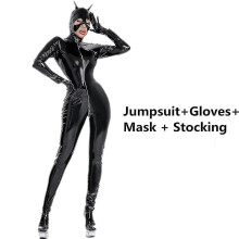 (Black B22, L) Cat Woman Suit Zipper Open Crotch Wetlook Leather Jumpuit Playing Erotic Women Bodysuit Fetish Wear Costumes