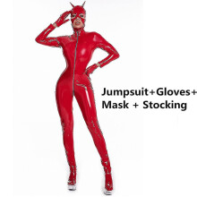 (Red B24, XL) Cat Woman Suit Zipper Open Crotch Wetlook Leather Jumpuit Playing Erotic Women Bodysuit Fetish Wear Costumes