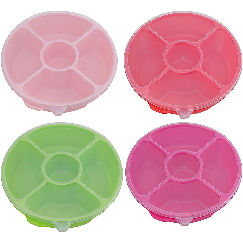 4 Pcs 11 Inch Candy And Nut Serving Container, 5 Compartment Round Appetizer Tray With Lid, Divided Camping Snack Plate