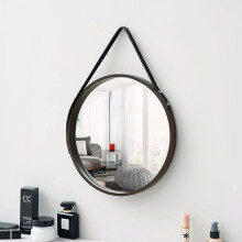 Pu Leather Round Wall Mirror Decorative Hanging Mirror With Strap Makeup Mirror Vanity Mirror For Bathroom Living Room Bedroom