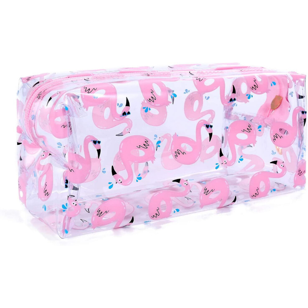 (Flamingo) Clear Pencil Case, Large Capacity Zipper Pen Pencil Bag Pouch Flower Transparent