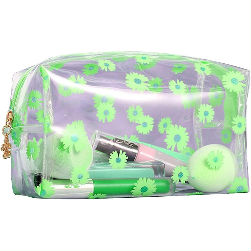 (Green) Clear Pencil Case, Large Capacity Zipper Pen Pencil Bag Pouch Flower Transparent Green