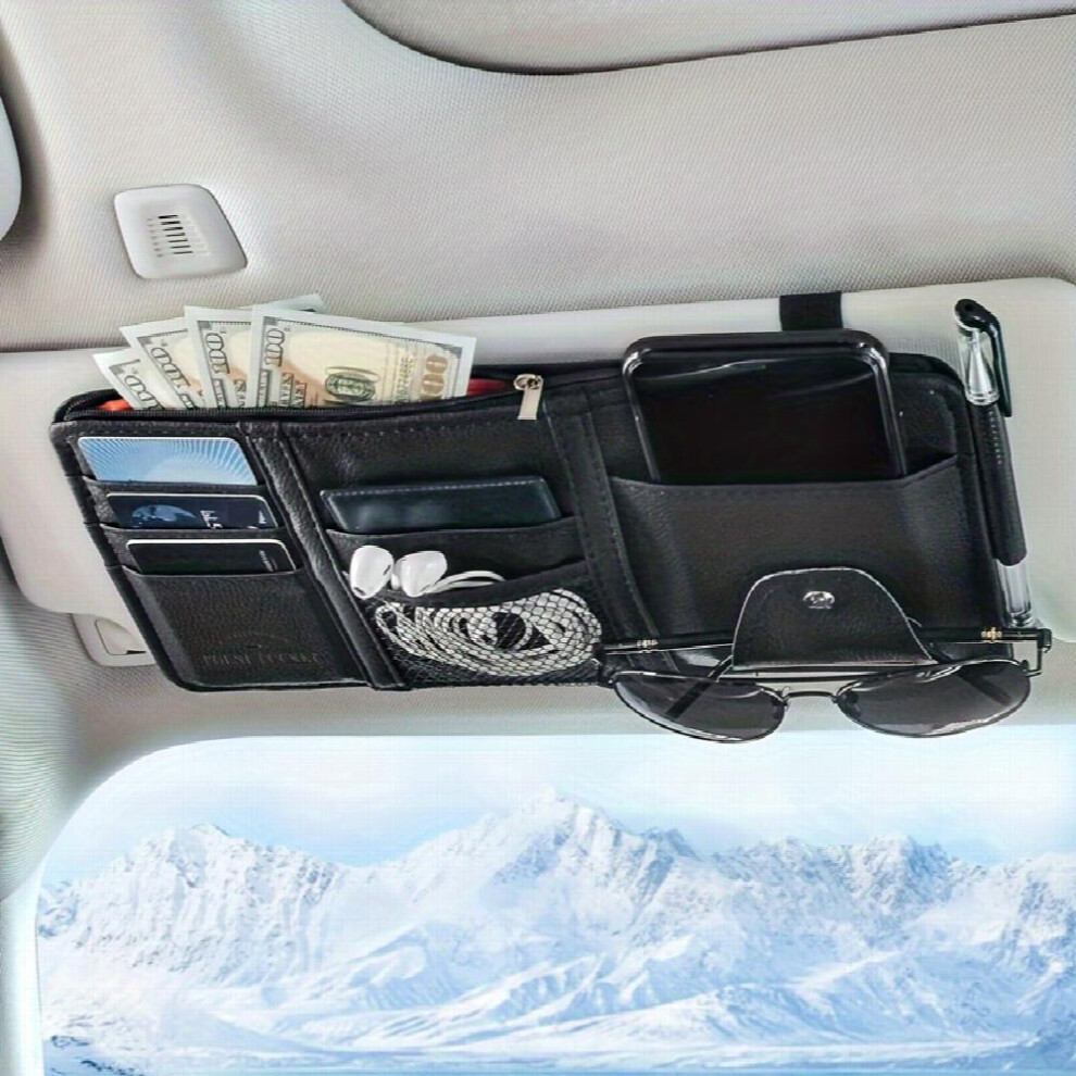 Car Sun Visor Organizer Multifunctional Storage Bag Car Glasses Clip Storage Bag Sunglasses Holder With Zipper Pouch Car Interior Accessories 885682446892