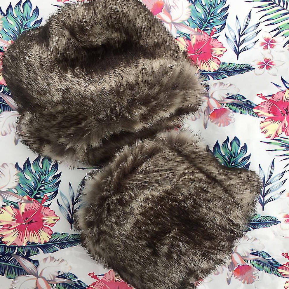 (Brown) Women Faux Fur Plush Cuff Gloves Hand Arm Warmer Fluffy Wrist Band Brown