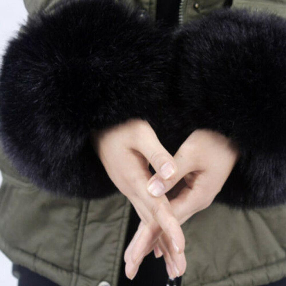(Black) Women Faux Fur Plush Cuff Gloves Hand Arm Warmer Fluffy Wrist Band Black