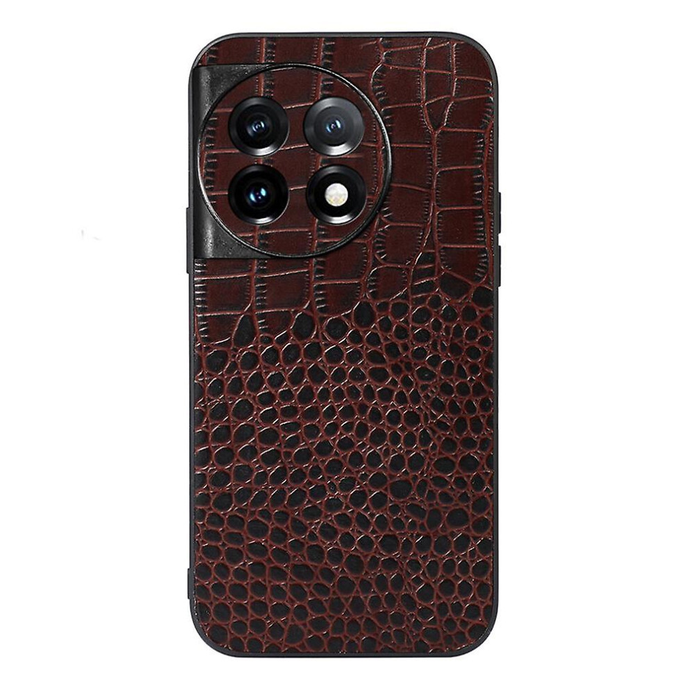 (Coffee) For OnePlus 11 5G Crocodile Phone Case Genuine Cowhide Leather Coated Anti-Scratch Shell