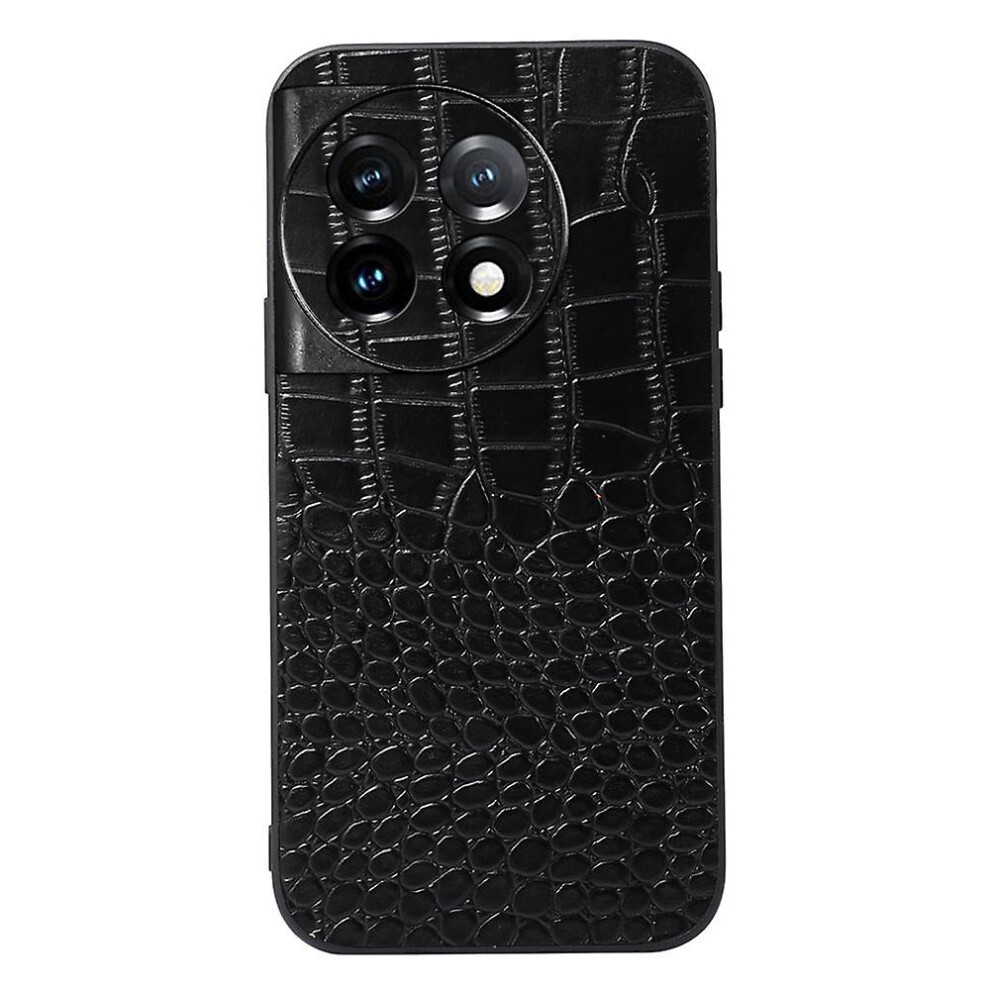 (Black) For OnePlus 11 5G Crocodile Phone Case Genuine Cowhide Leather Coated Anti-Scratch Shell