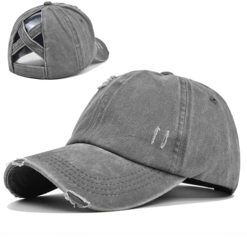 (Gray) Duck Tongue Sunshade Hat Perforated Baseball Cap Ponytail Hat Cotton Material