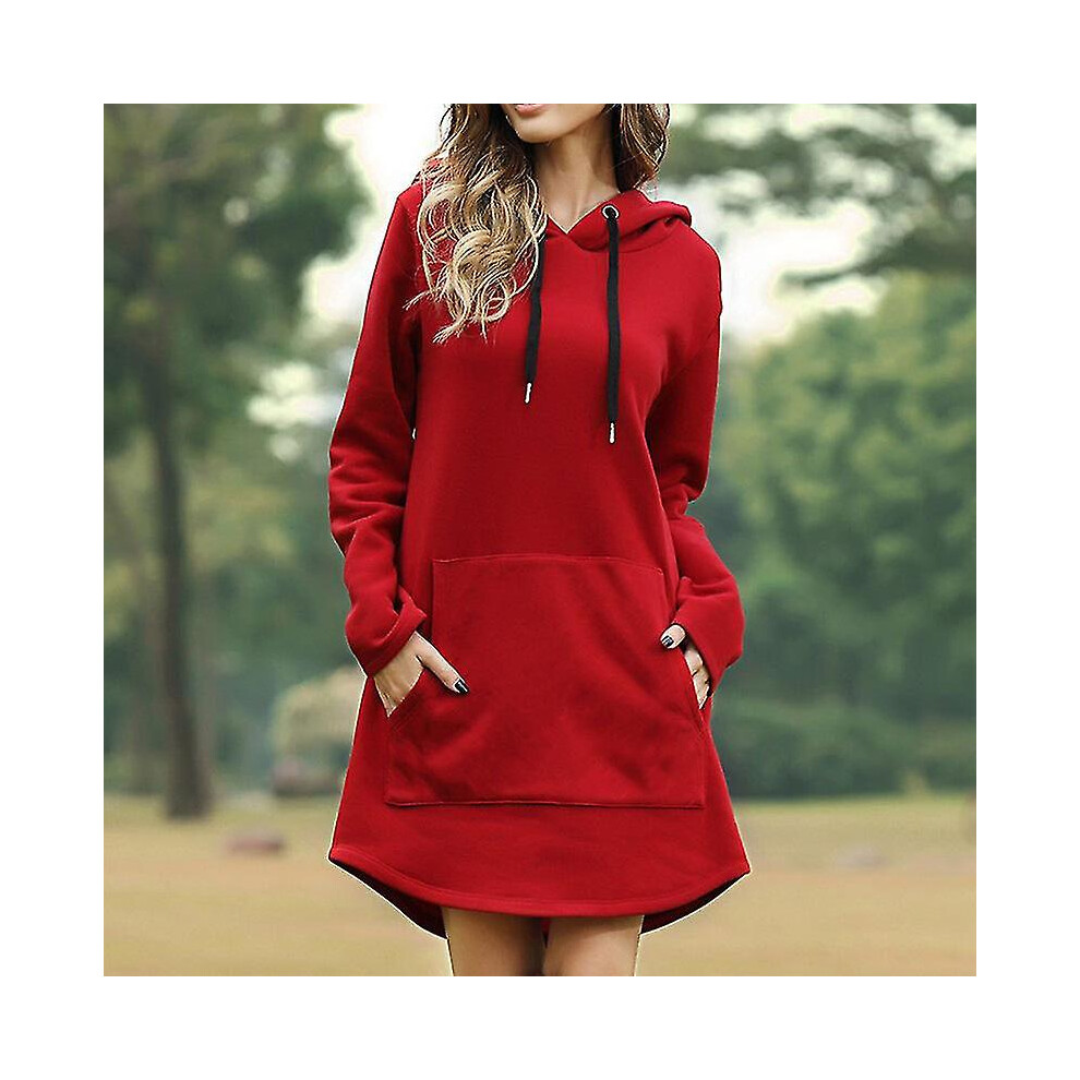 (, 2XL) Women Oversized Hooded Sweatshirt Hoodie Dress Pullover Jumper Long Top Red