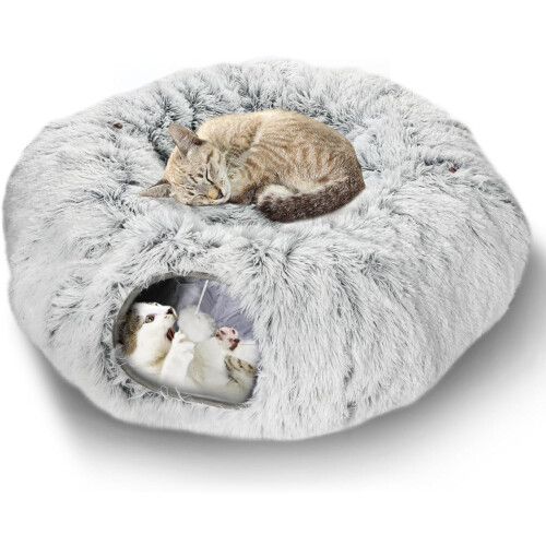 Plush Cat Tunnel with Cat Bed for Indoor Cats,Multifunctional Cat Toy Cat Tunnel Cave with Hanging Balls and Peekaboo for Small,Medium and Large Cats