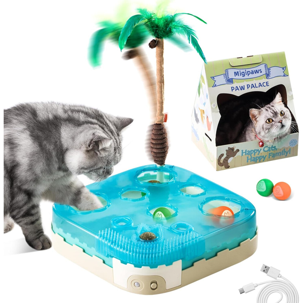 Cat Toy,7-in-1 Automatic Interactive Kitten Toys Pack,Rolling Ball,Cat Feather Wand,Catnip Ball,Cat Self ,Cardboard Cat House,Rechargeable,Paw Palace