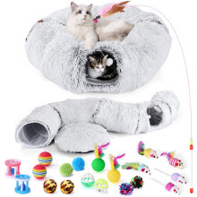 Large Cat Tunnel Toy with Plush Cat Bed, Collapsible Cat Tunnel Toy for Indoor, Multifunctional Cat Donut Tunnel with Ball & Peek Holes, Cat Toys