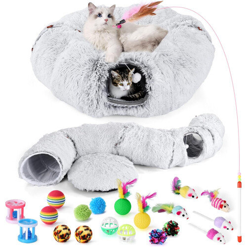 Large Cat Tunnel Toy with Plush Cat Bed, Collapsible Cat Tunnel Toy for Indoor, Multifunctional Cat Donut Tunnel with Ball & Peek Holes, Cat Toys