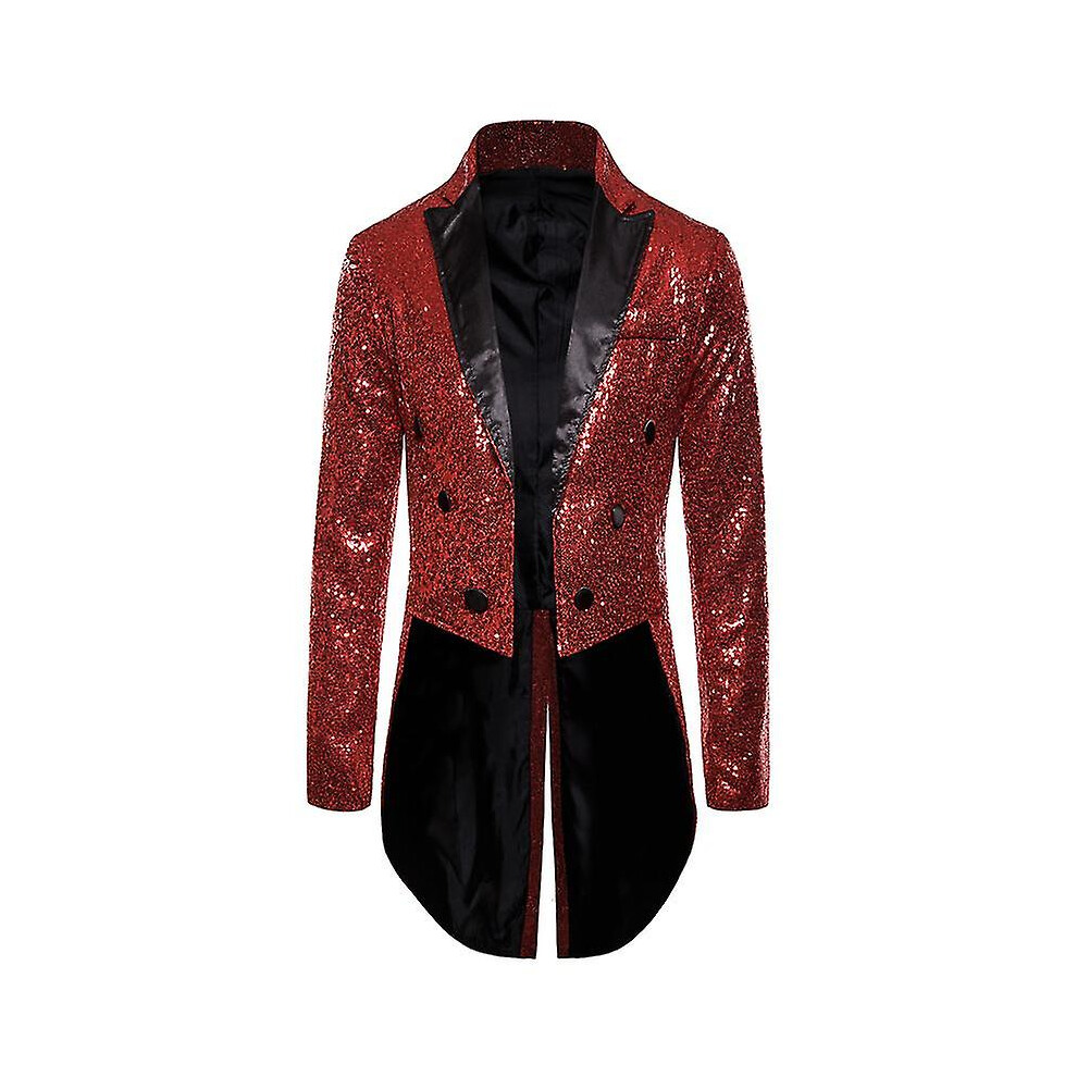 (Red, M) Men Shiny Sequin Glitter Embellished Blazer Jacket Men Nightclub Prom Suit Blazer Costume Homme Singers Stage Clothes Tuxedo New