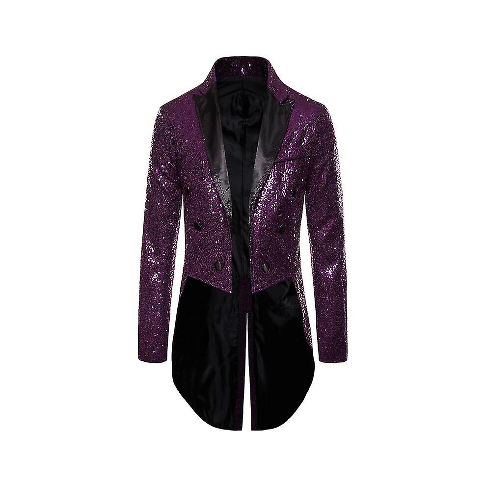 (Purple, 2XL) Men Shiny Sequin Glitter Embellished Blazer Jacket Men Nightclub Prom Suit Blazer Costume Homme Singers Stage Clothes Tuxedo New