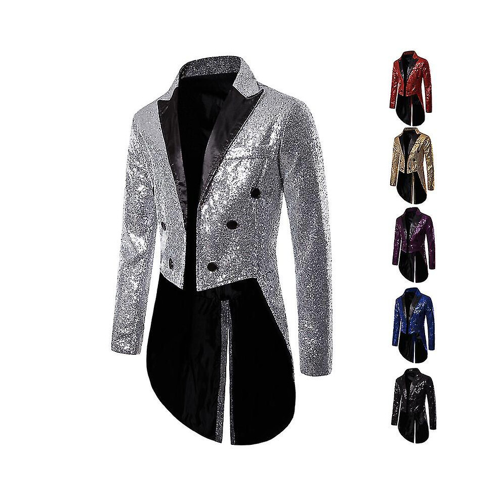 (Silver, XL) Men Shiny Sequin Glitter Embellished Blazer Jacket Men Nightclub Prom Suit Blazer Costume Homme Singers Stage Clothes Tuxedo New