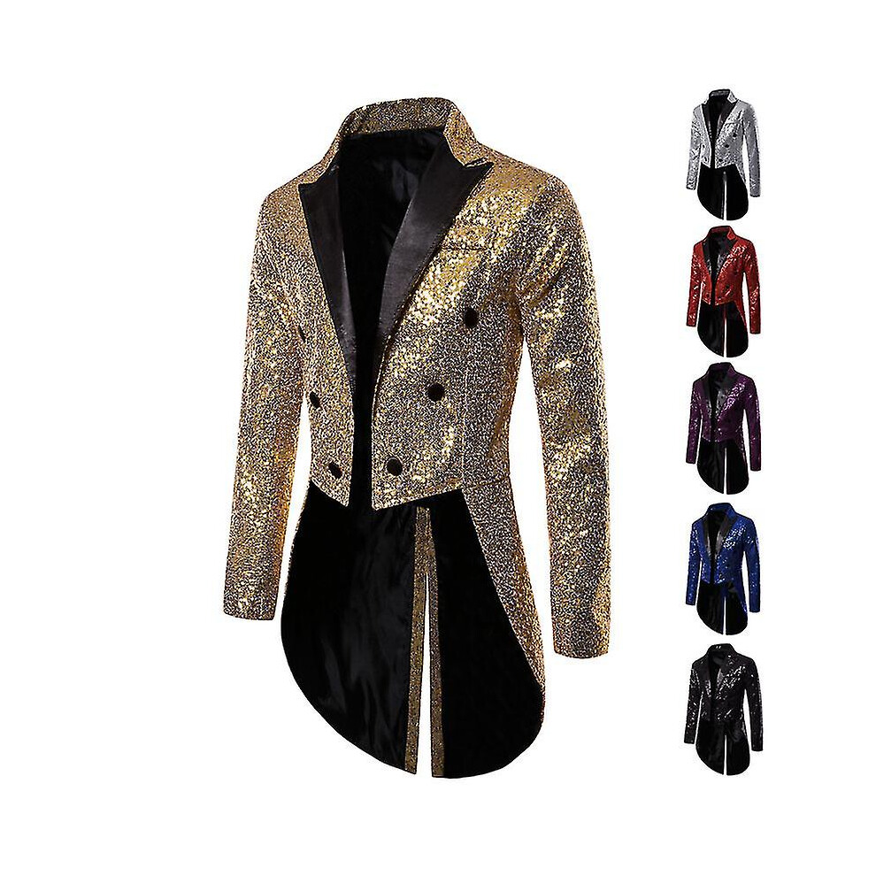(Gold, S) Men Shiny Sequin Glitter Embellished Blazer Jacket Men Nightclub Prom Suit Blazer Costume Homme Singers Stage Clothes Tuxedo New