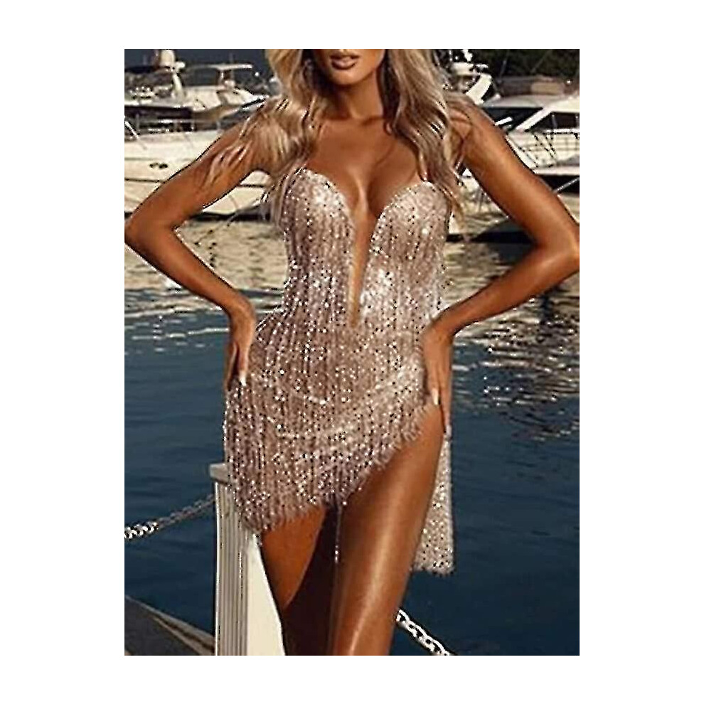 (M) Women's Party Dress Fringe Dress Sequin Dress Mini Dress Gold Sleeveless Pure Color Sequins Winter Fall Autumn Deep V Hot Party