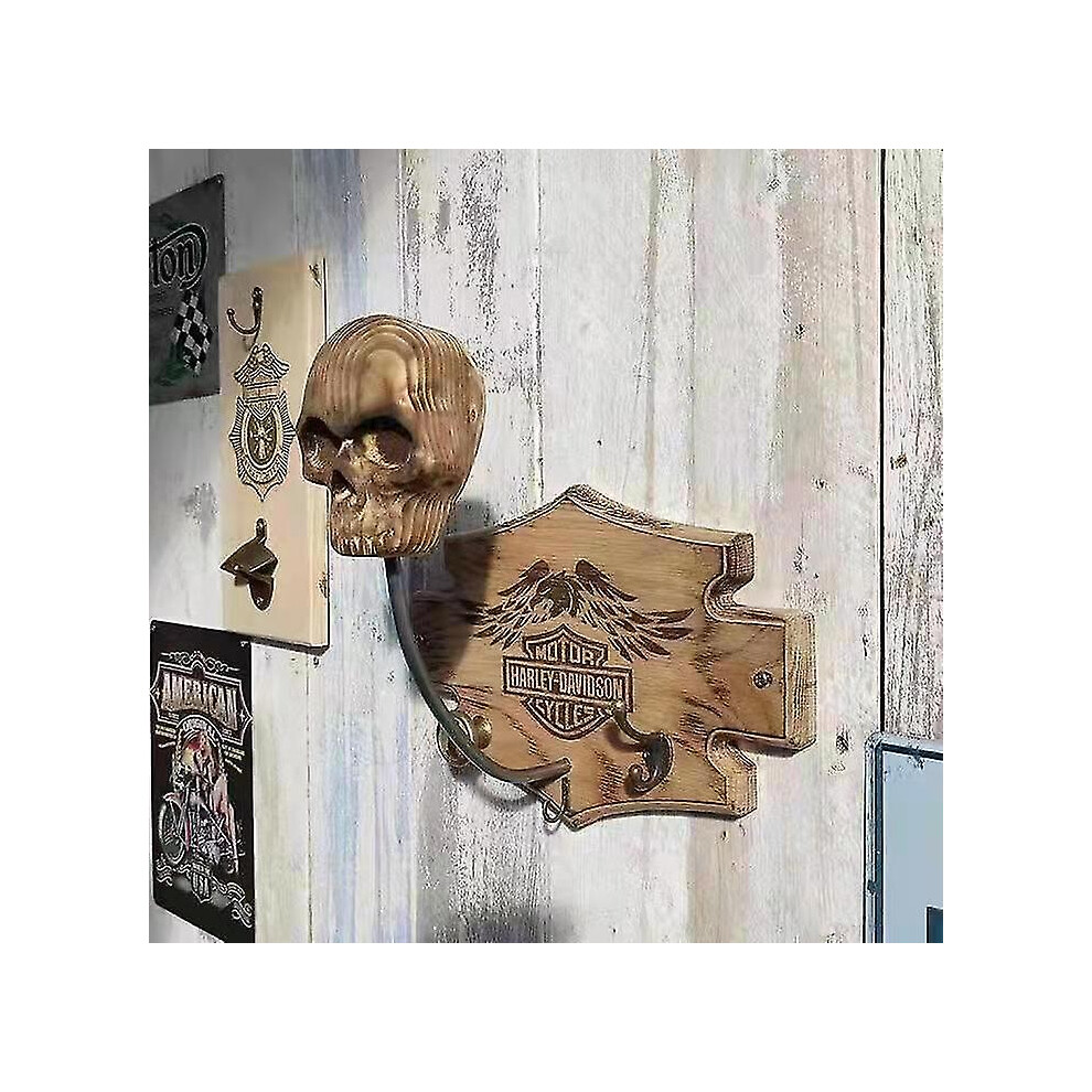 (Wooden Skull) Motorcycle Skull Helmet Holder Skull Shape Helmet Holder Wall Decoration Black
