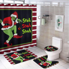(A) 4 Pcs Grinch Pattern Shower Curtain Set Waterproof Durable Use Non-slip For Home Bathroom Decoration