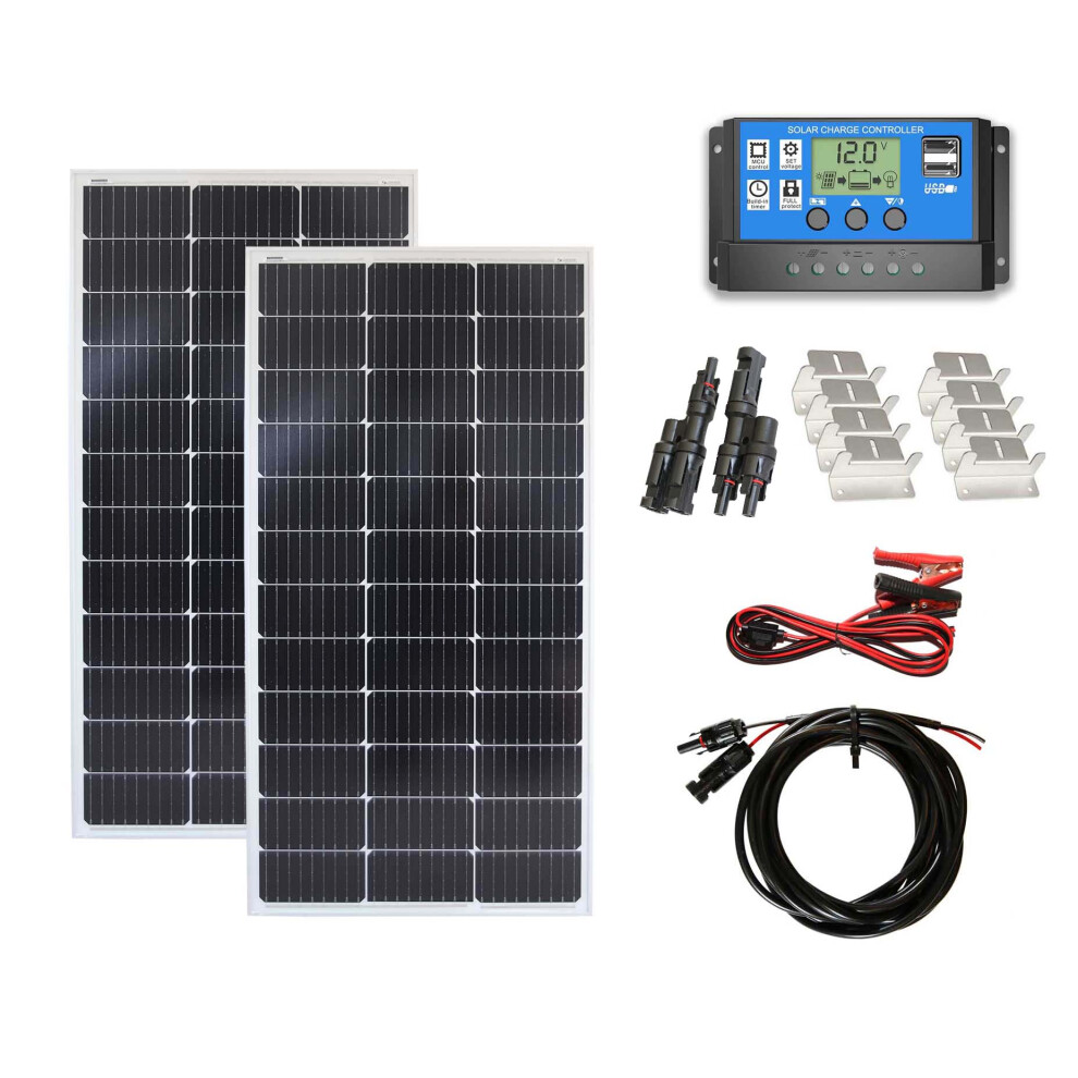 200w Mono Solar Panel Battery Charging Kit Controller Cables & Mounting Brackets