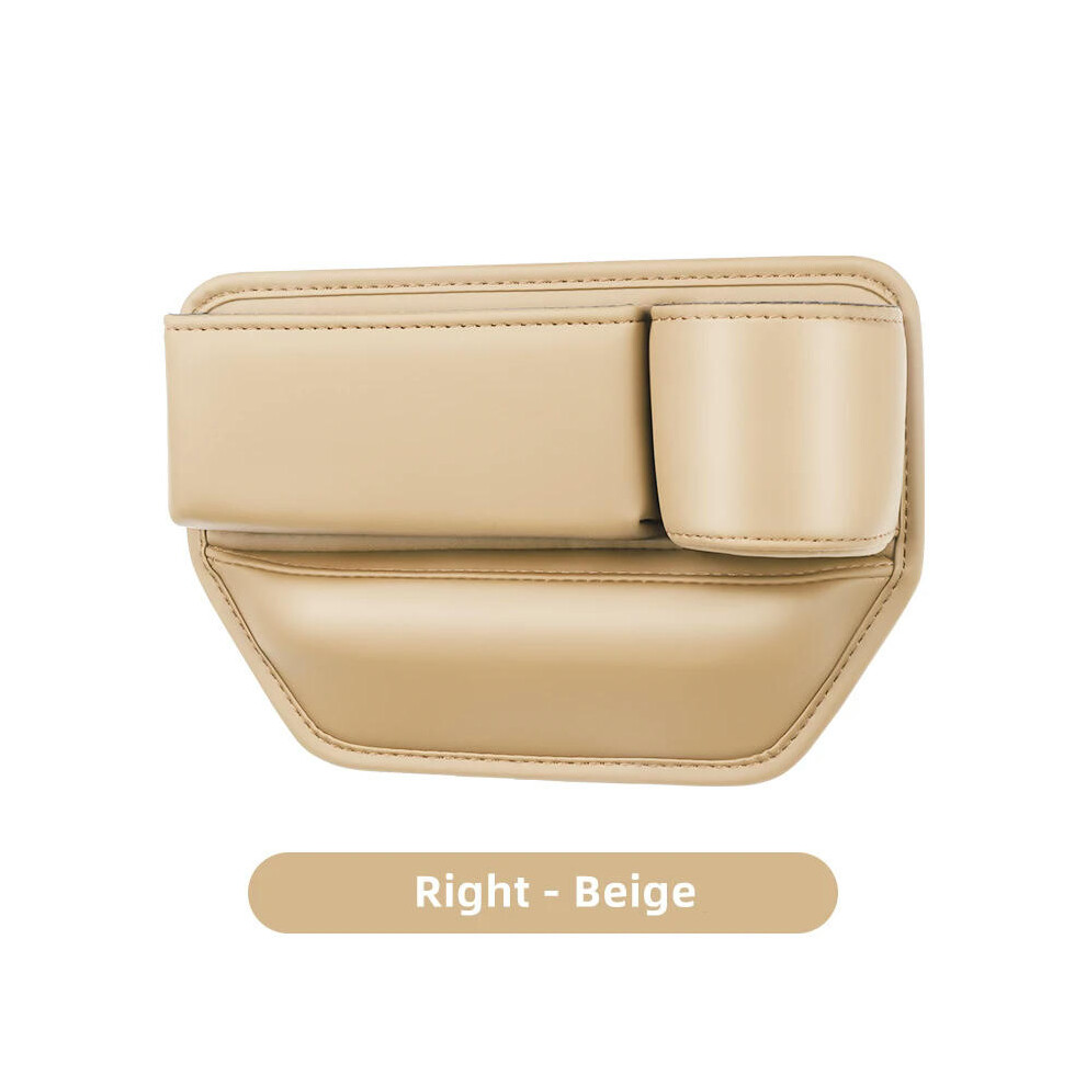 (Beige-Right) Leather Car Seat Gap Organizer Multifunction Console Crevice Filler Side Storage Box with Cup Holder Car Interior Storage Pocket