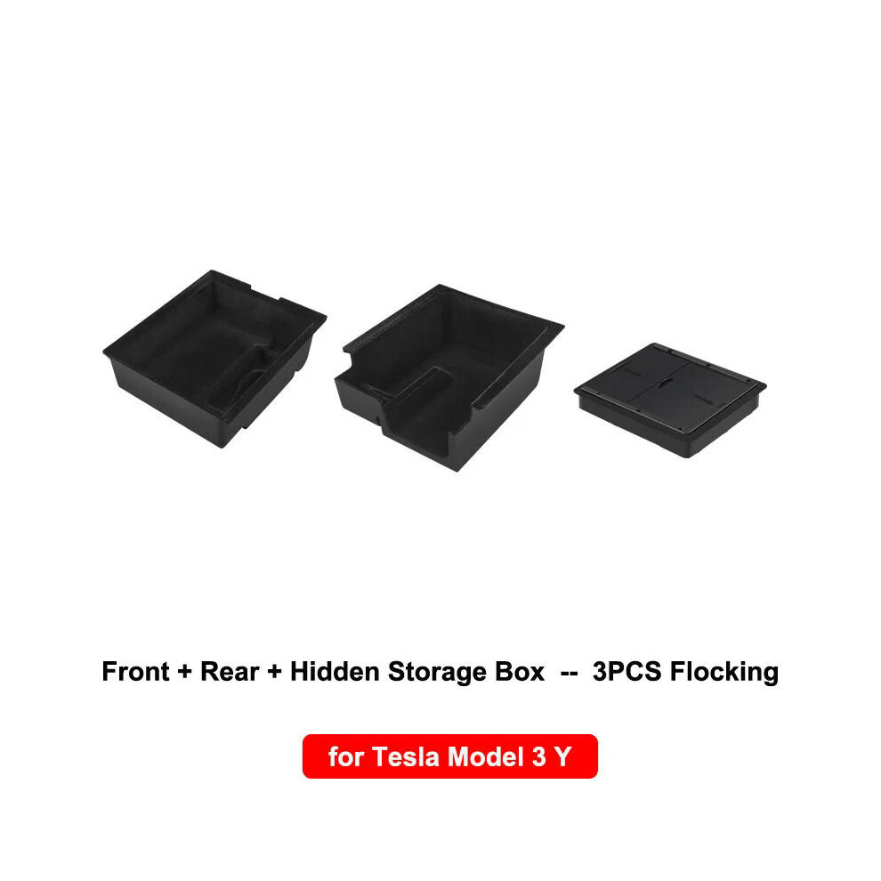 (Flocking 3pcs) Car Storage Box For Tesla Model Y 3 Center Console Trays Armrest Hidden Box Bins Cup Holder Under Seat Organizer Car Accessories