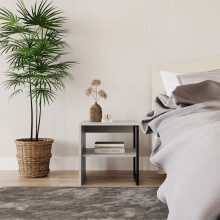 (Grey) 2pcs 40cm Wood & Steel Bedside Nightstand Unit Table Open Storage Shelf
