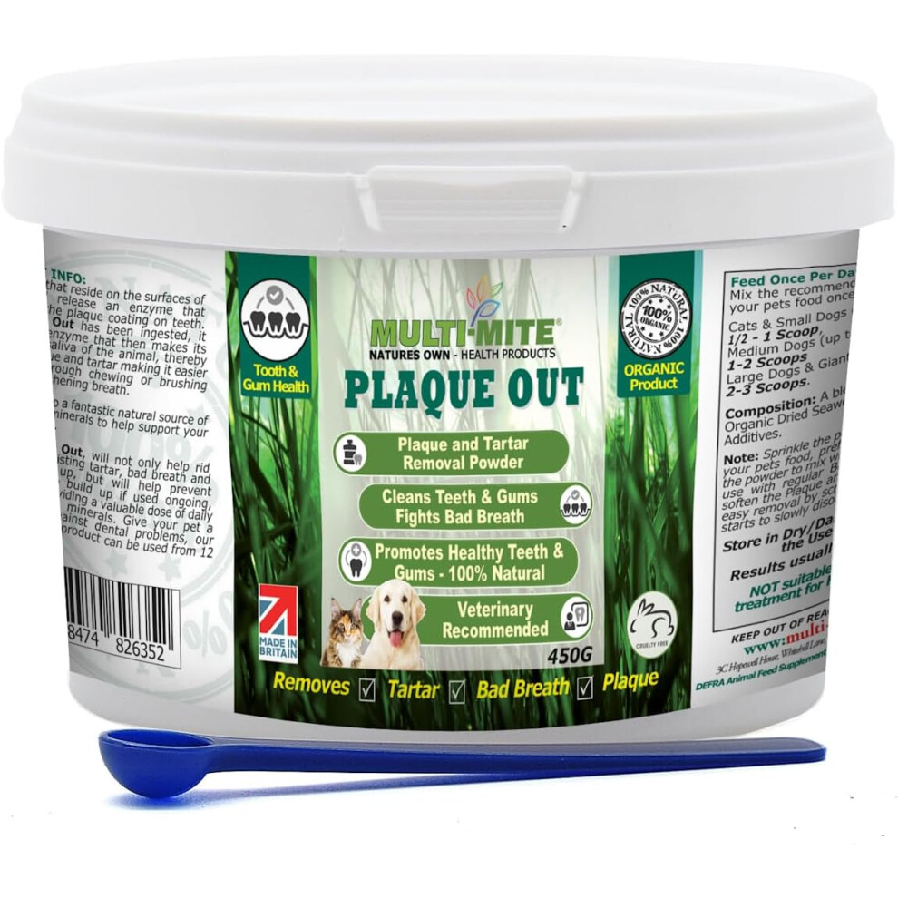 PLAQUE OUT 450G Tartar and Plaque Off Remover, Bad Breath Teeth Gum Care for Dogs, Cats 100% Organic