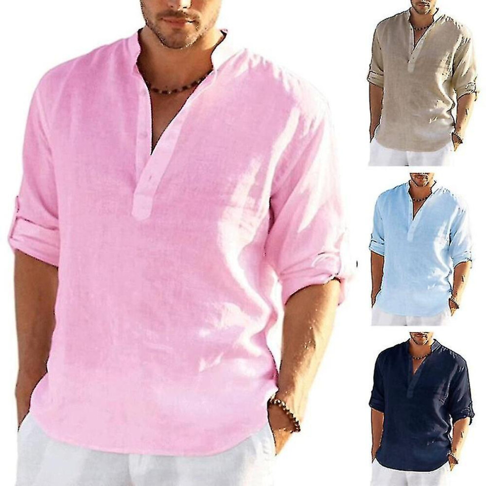 (Denim Blue, 5XL) Men's Long Sleeved Linen Shirt, Cotton And Linen Casual Shirt, S-5xl Top