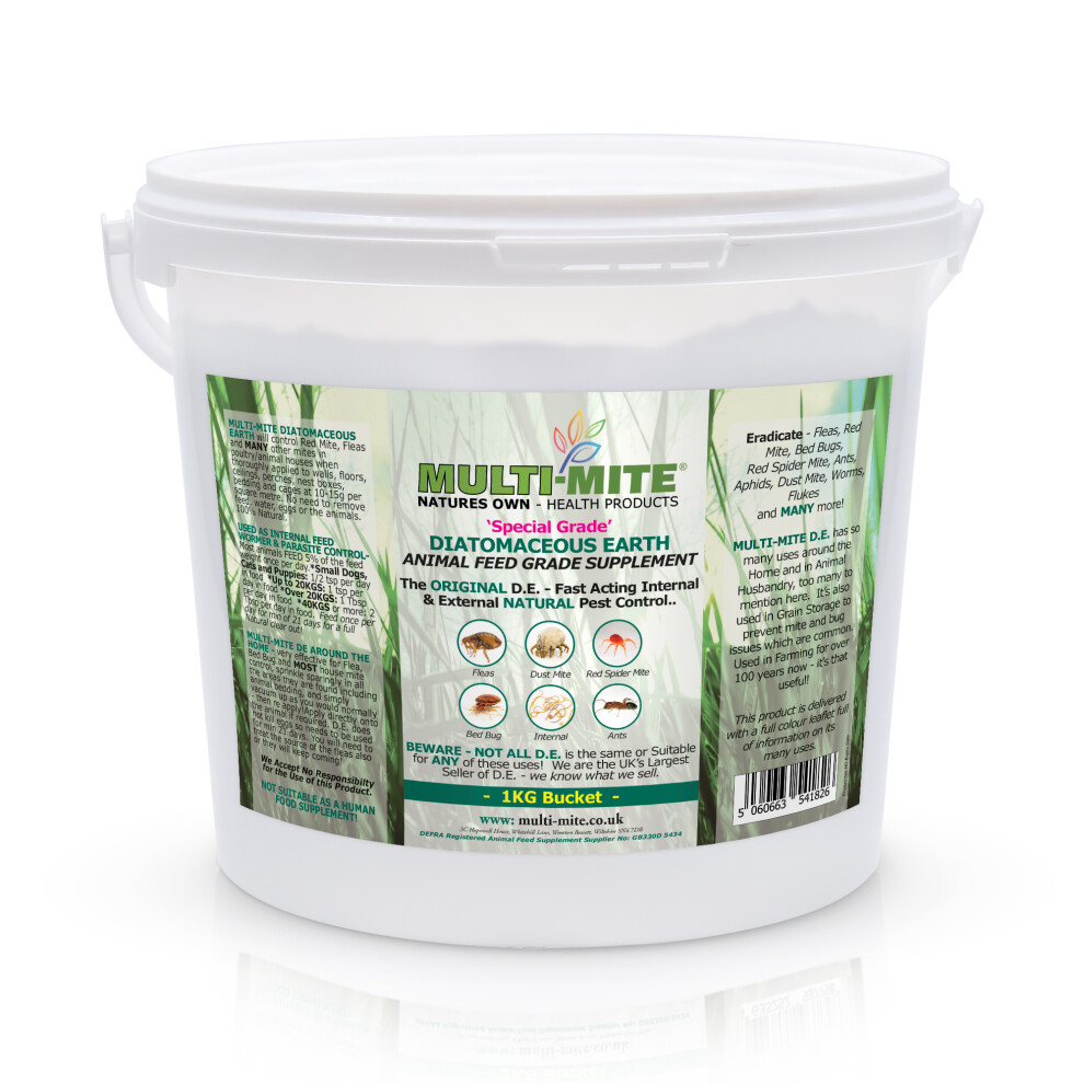 MULTI MITE 1KG Bucket Feed Grade DE Diatomaceous Earth Red Mite, Fleas