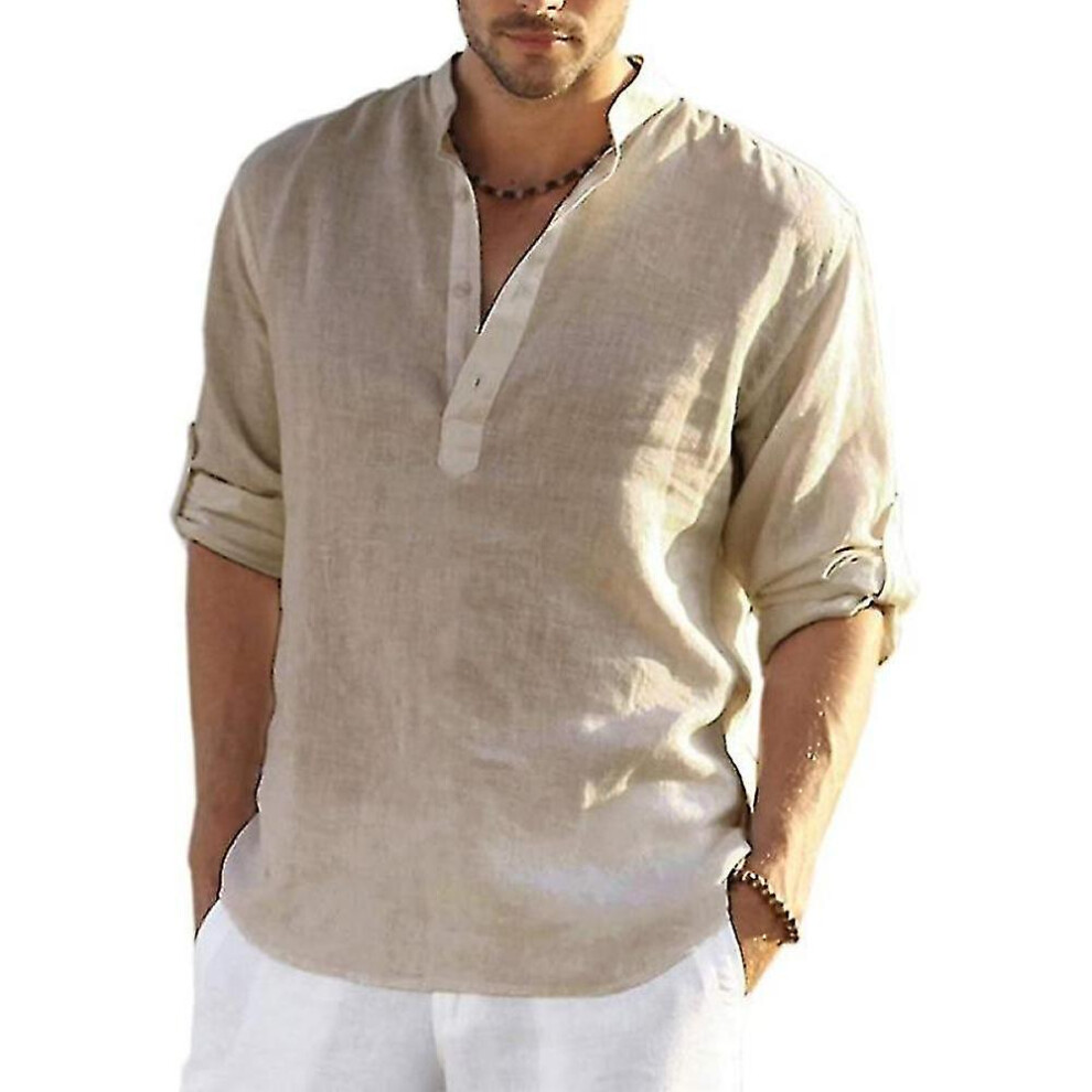 (Khaki, L) Men's Long Sleeved Linen Shirt, Cotton And Linen Casual Shirt, S-5xl Top