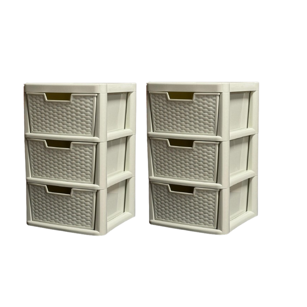 2x Storage Drawer Unit Rattan 3 Tier Large Cream 39 D x 39 W x 62 Hcm