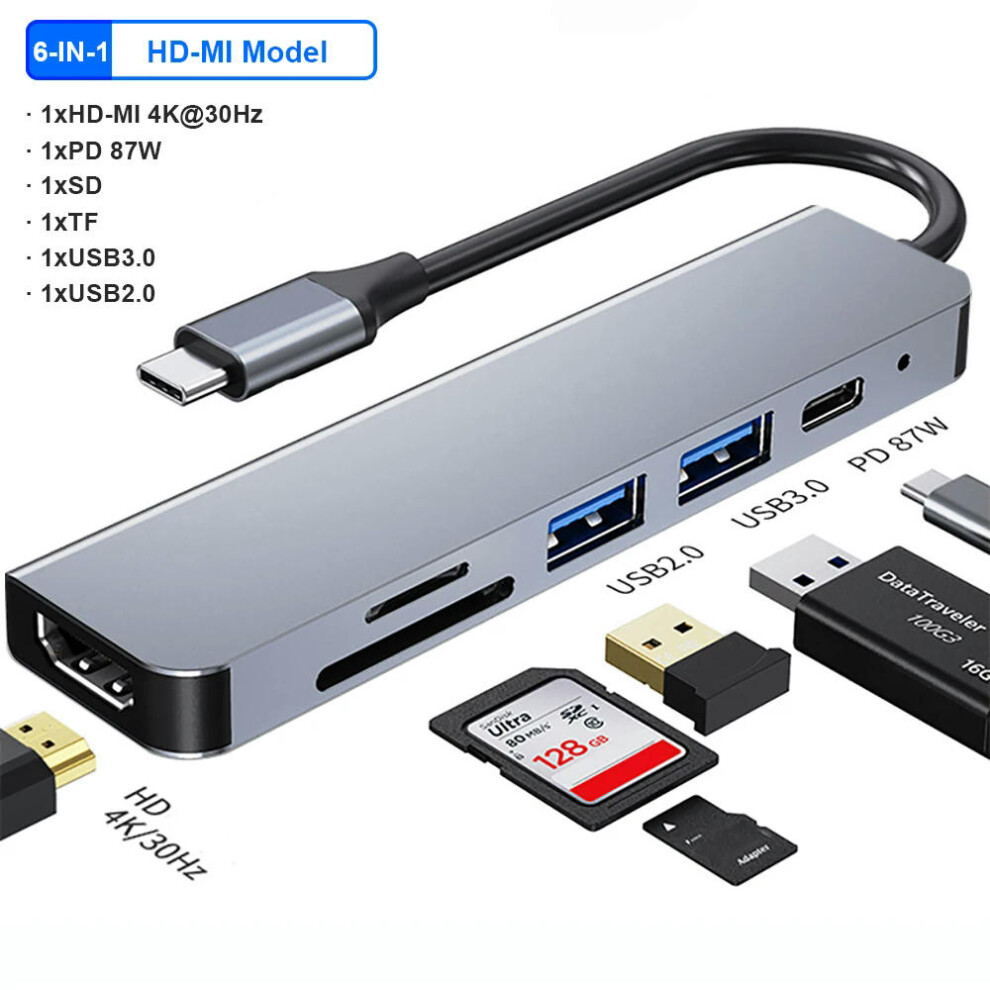 (6-in-1) USB C HUB 4K 30Hz Type C to HDMI-compatible USB 3.0 Adapter 11 in 1 Type C HUB Dock PD 87W USB C Splitter for MacBook Pro Air