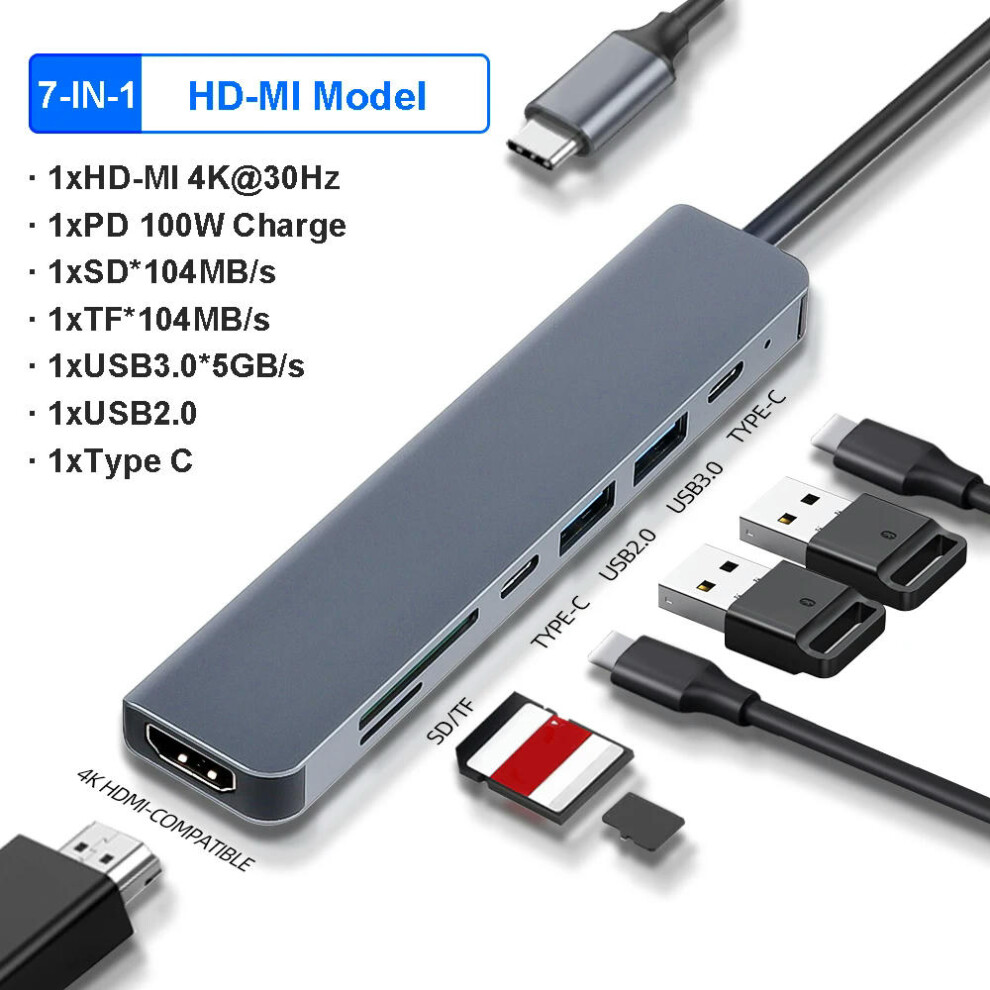 (7-in-1) USB C HUB 4K 30Hz Type C to HDMI-compatible USB 3.0 Adapter 11 in 1 Type C HUB Dock PD 87W USB C Splitter for MacBook Pro Air