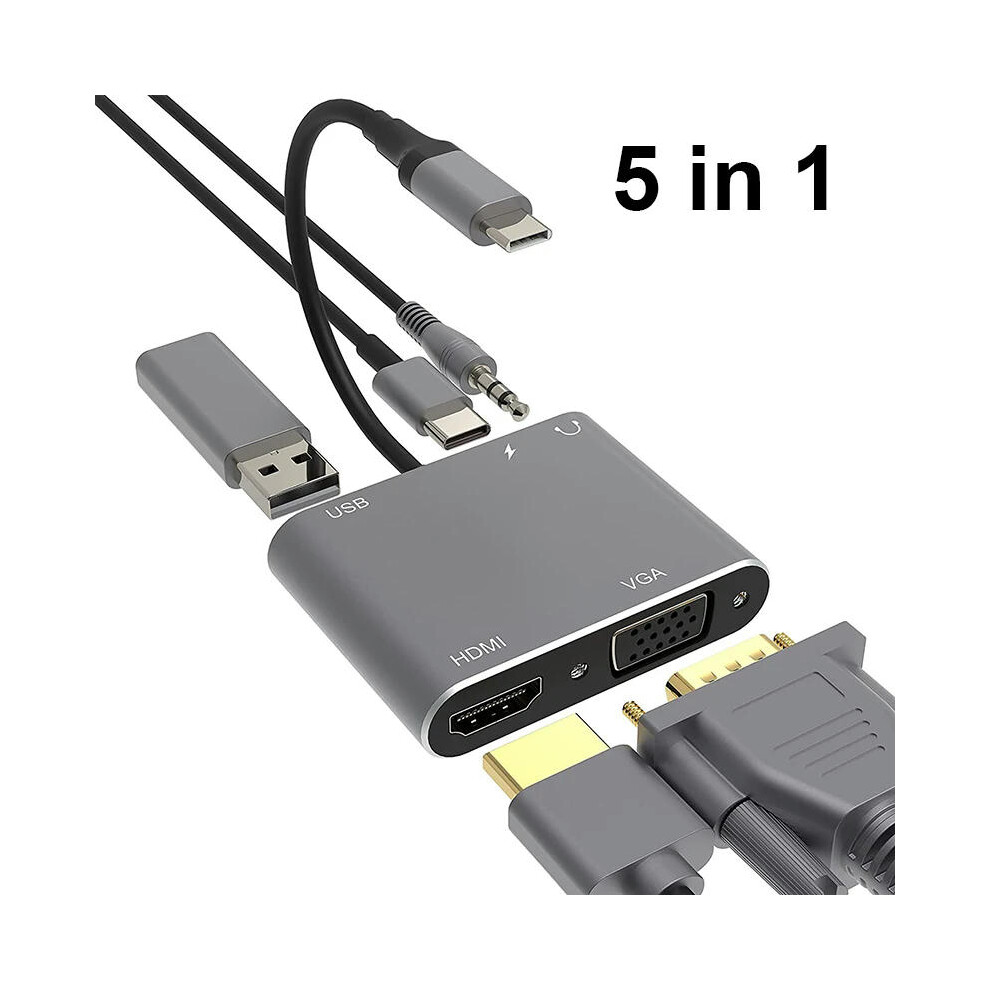 (5 in 1) USB C Hub 4 in 1 Type C 3.0 Adapter to 4K HDMI HDTV VGA USB 3.0 PD Fast Charge Splitter for MacBook Notebook Laptop Computer