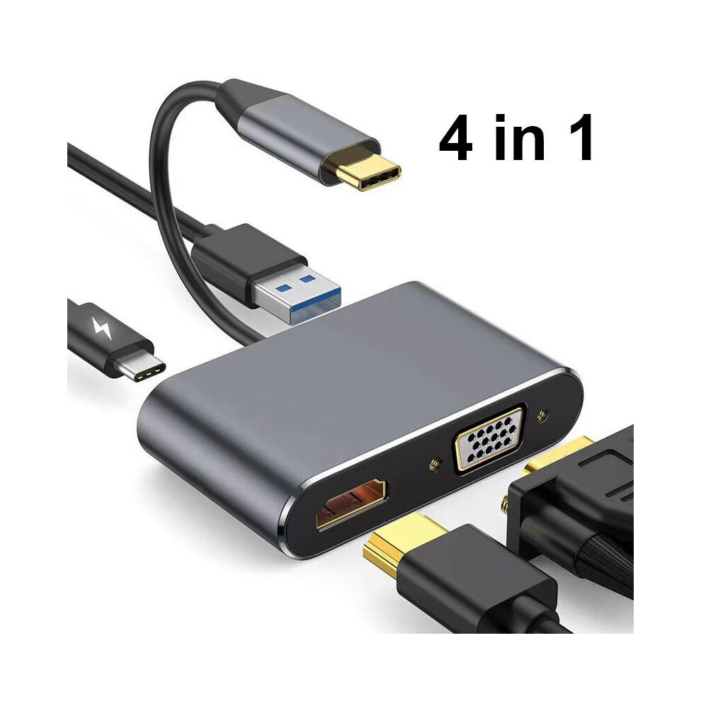 (4 in 1) USB C Hub 4 in 1 Type C 3.0 Adapter to 4K HDMI HDTV VGA USB 3.0 PD Fast Charge Splitter for MacBook Notebook Laptop Computer