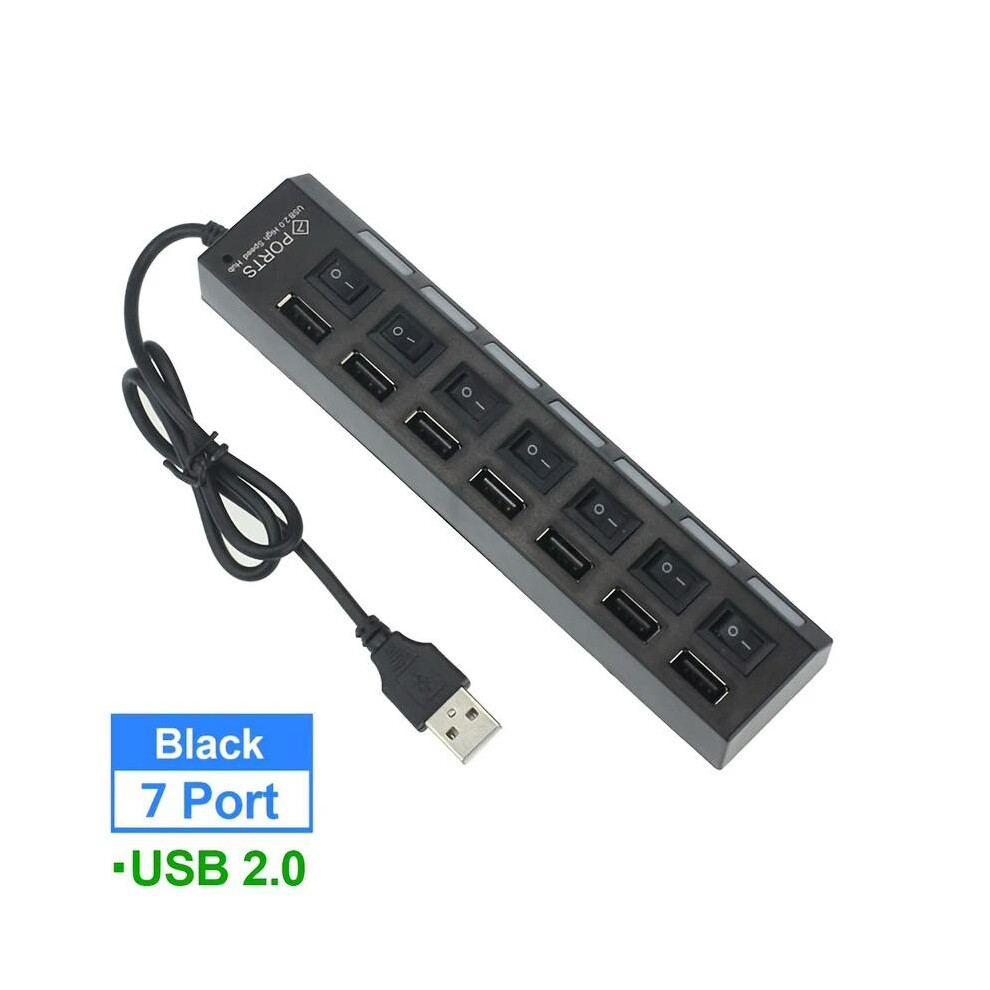 (black 7 port 2.0) YelWong 4/7 Ports USB HUB 2.0 3.0 High Speed USB Splitter Expander Multi-Port Independent Switch for PC Laptop Mac Windows