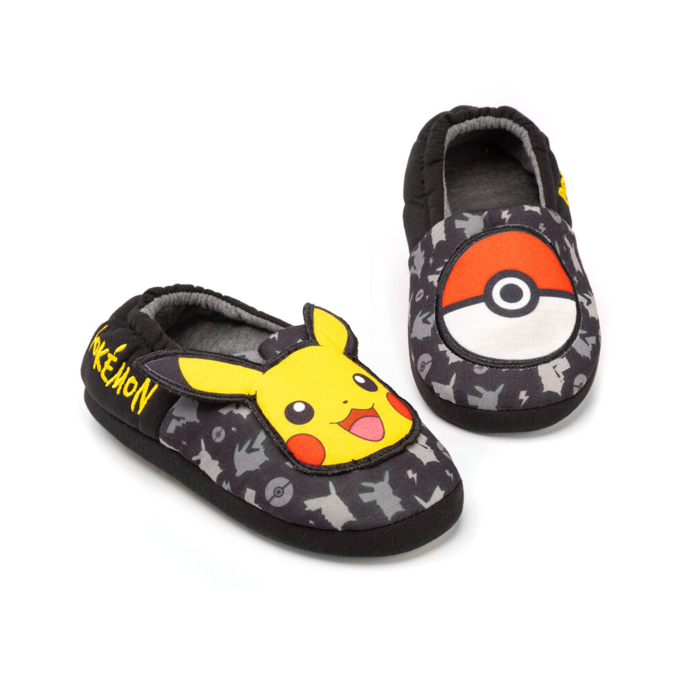 (2 UK) Pokemon Slippers Boys Kids Pikachu Pokeball Black House Shoes Loafers